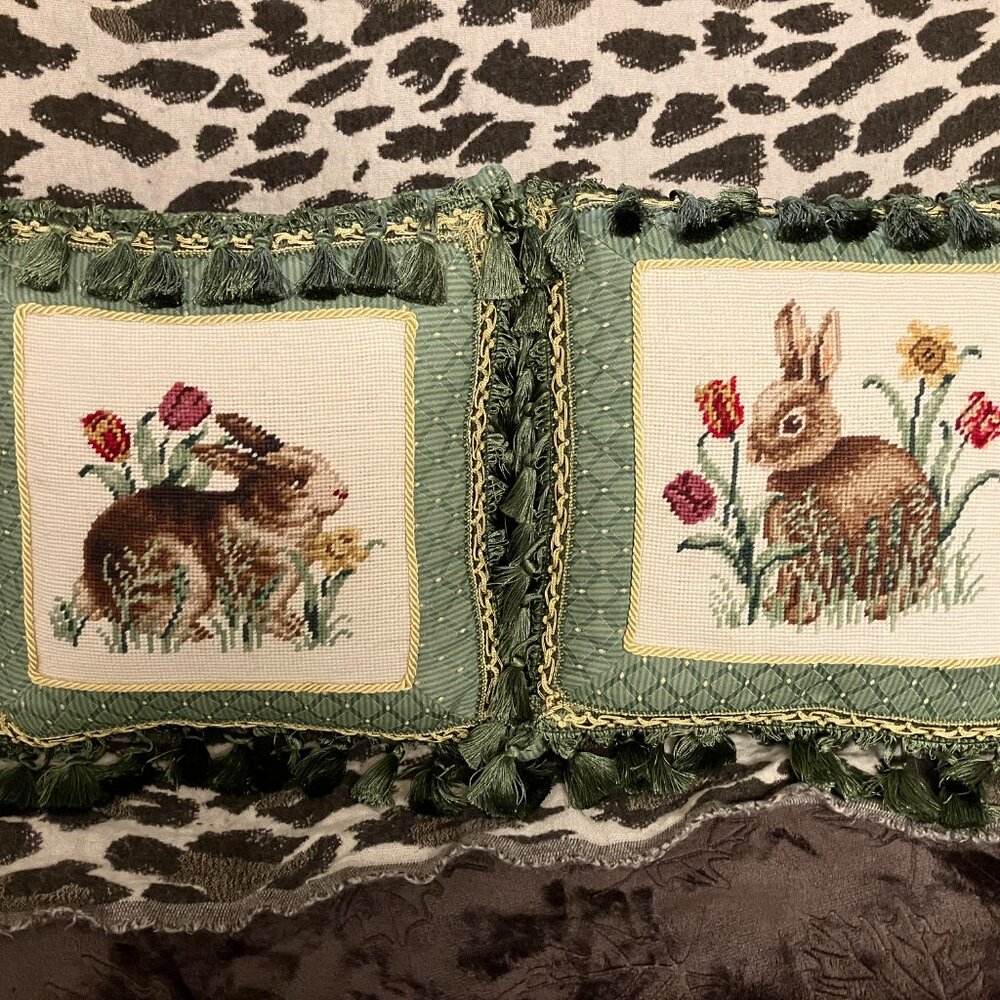 Vintage Set of 2 Needlepoint Rabbit Cushions Pillows w Fringe Tassels Green